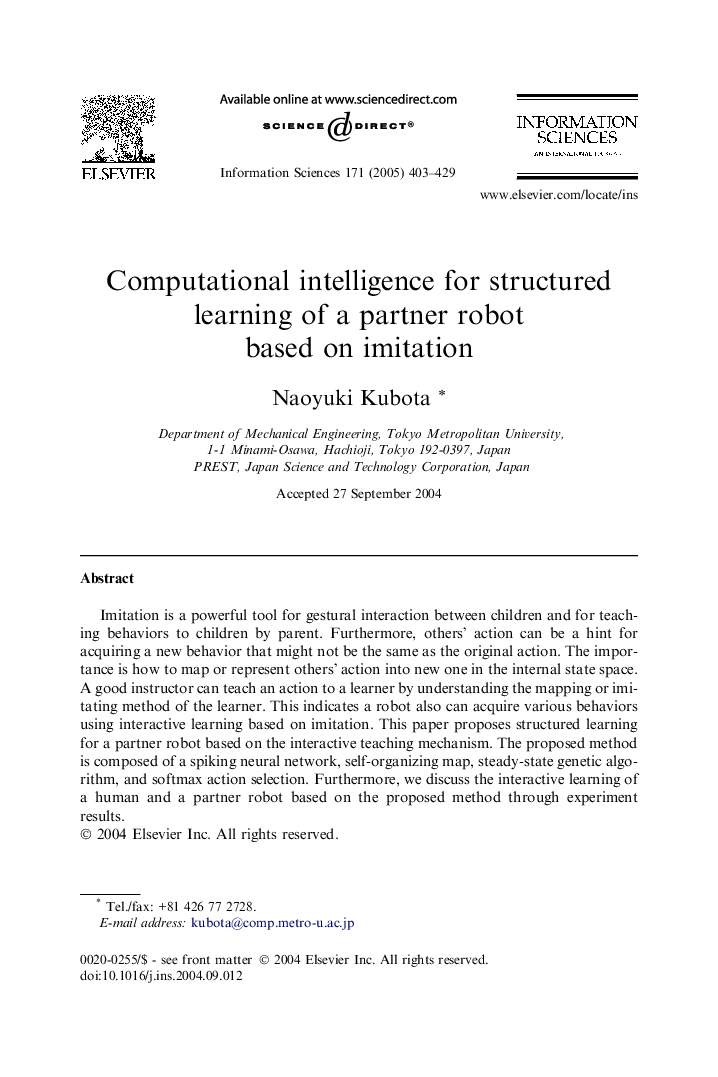 Computational intelligence for structured learning of a partner robot based on imitation