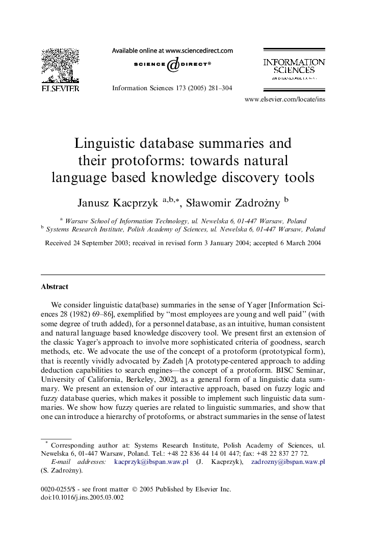 Linguistic database summaries and their protoforms: towards natural language based knowledge discovery tools