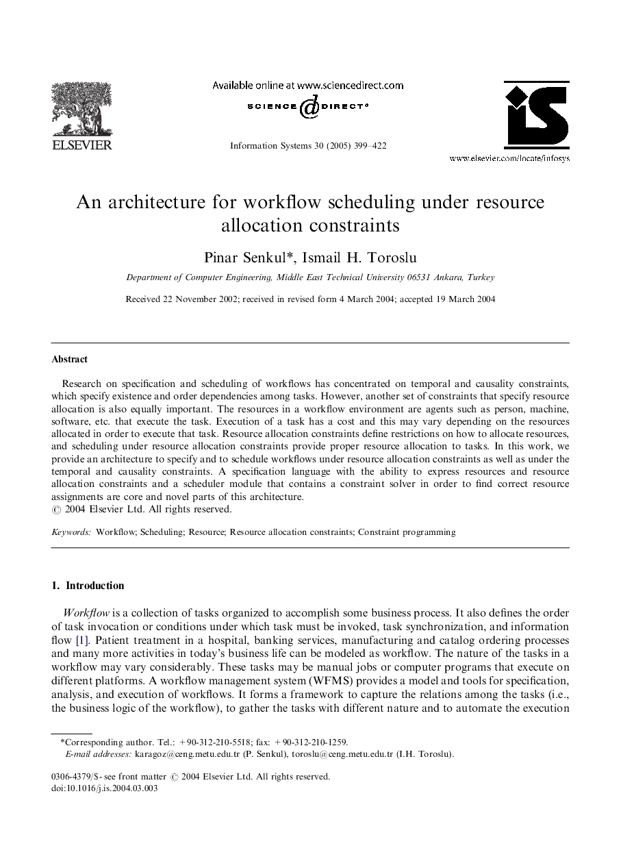 An architecture for workflow scheduling under resource allocation constraints