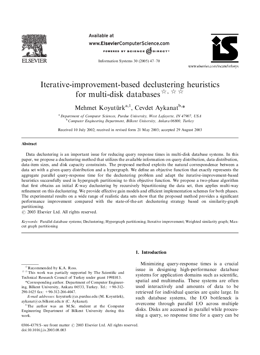 Iterative-improvement-based declustering heuristics for multi-disk databases