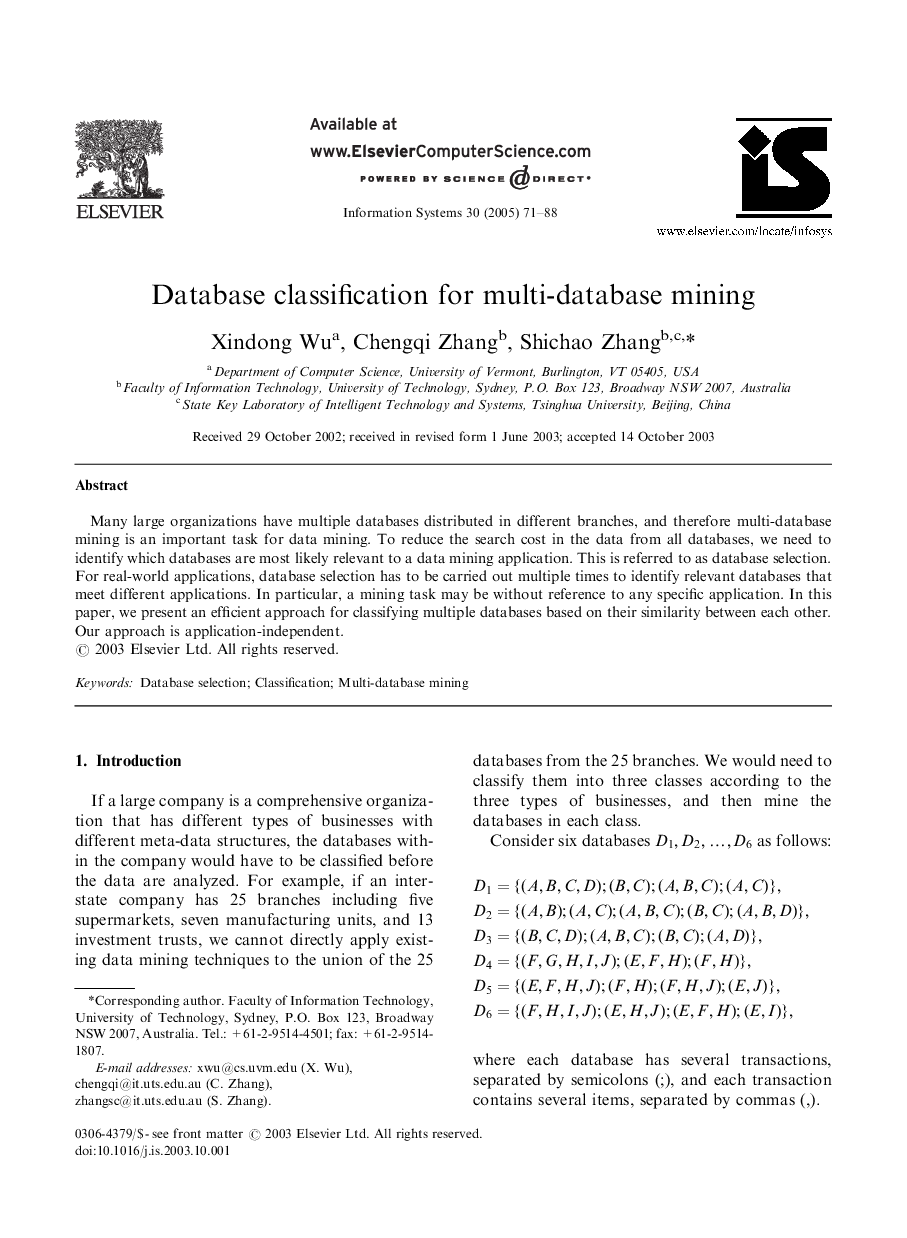 Database classification for multi-database mining