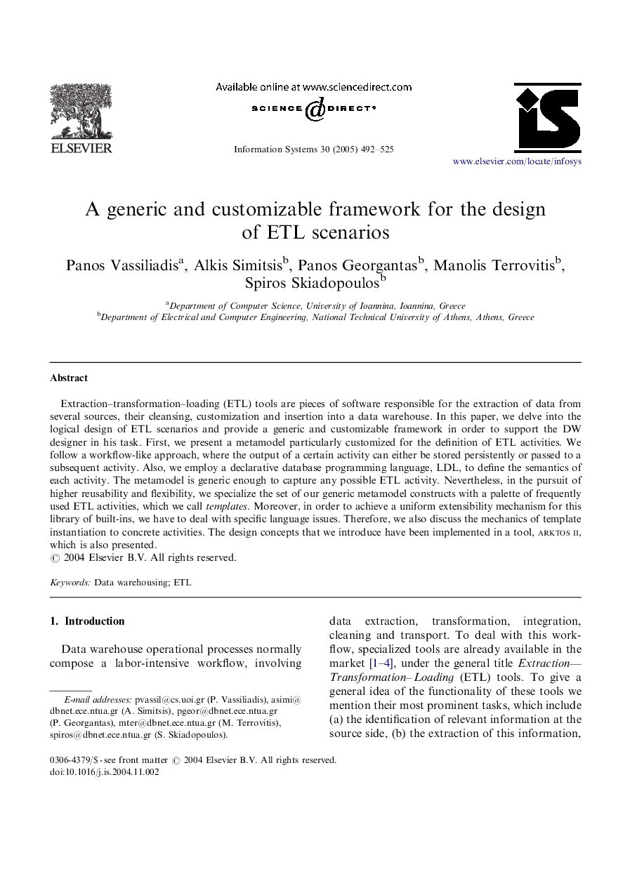 A generic and customizable framework for the design of ETL scenarios