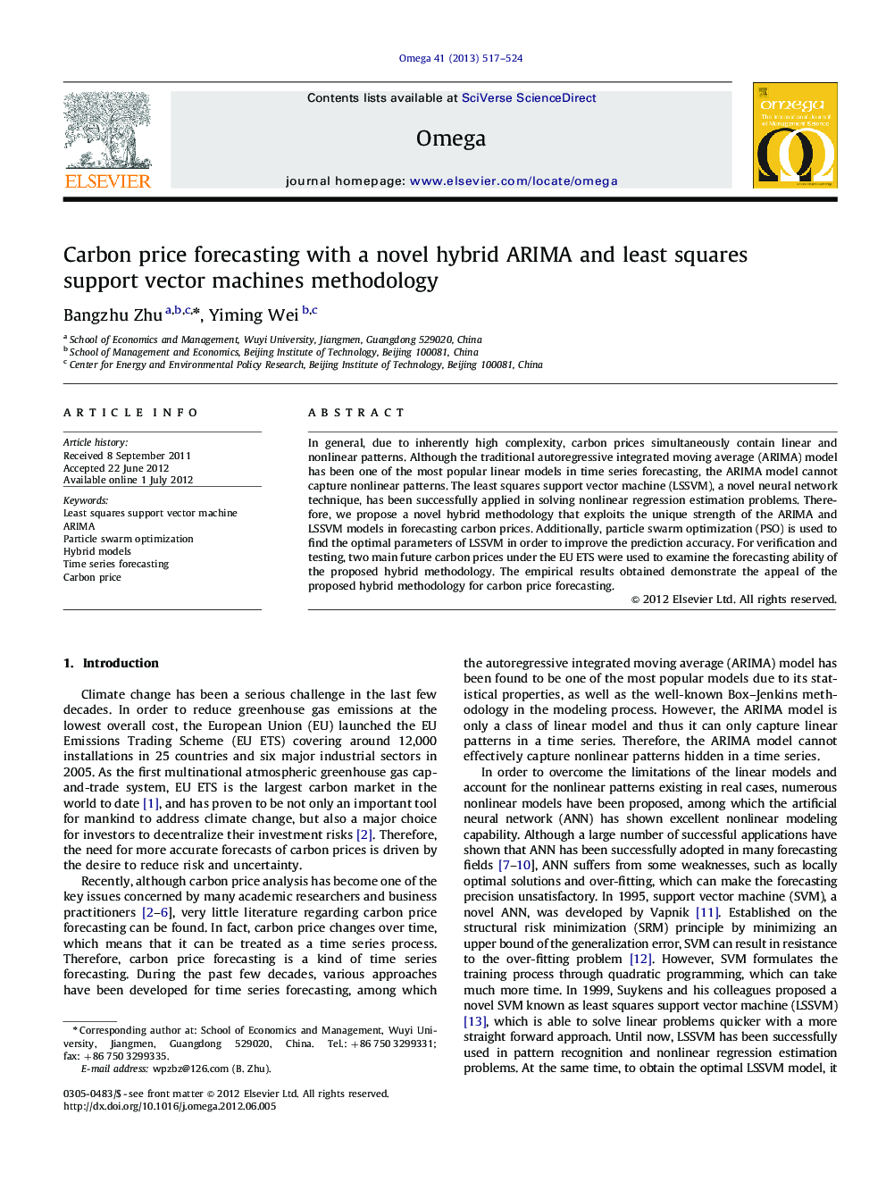 Carbon price forecasting with a novel hybrid ARIMA and least squares support vector machines methodology