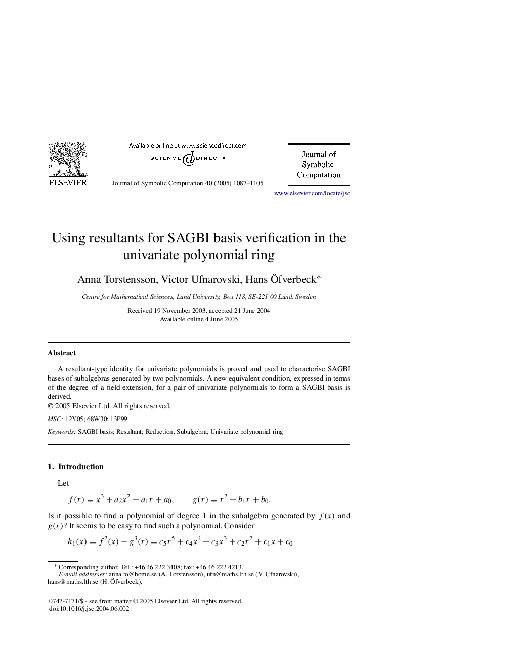 Using resultants for SAGBI basis verification in the univariate polynomial ring