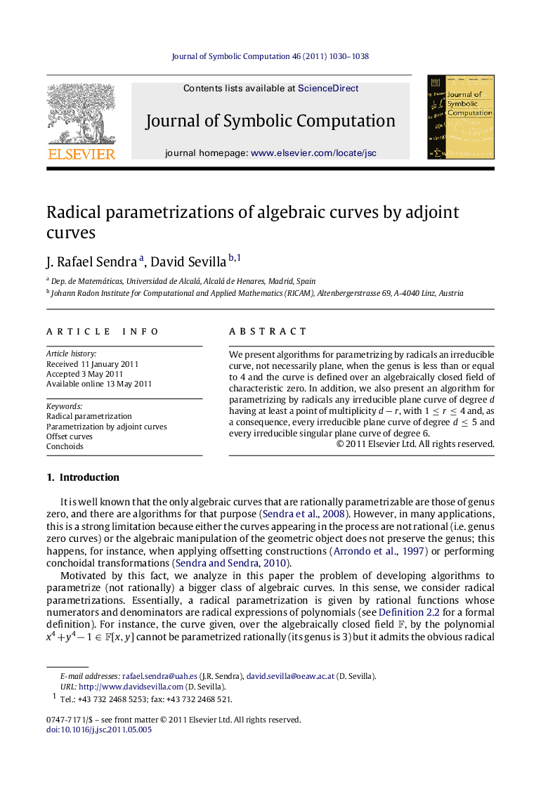 Radical parametrizations of algebraic curves by adjoint curves