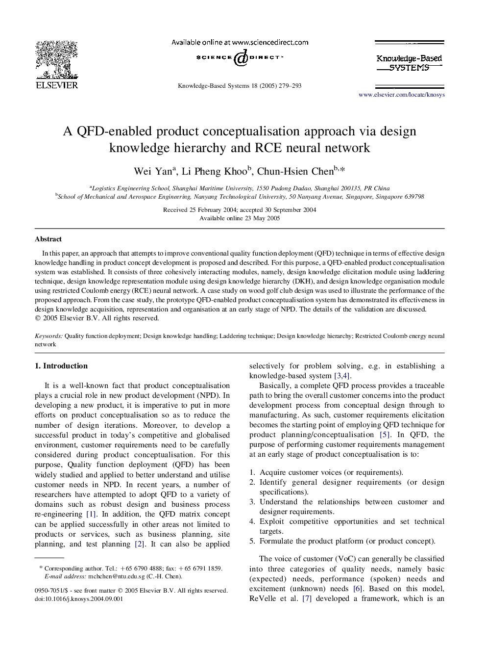 A QFD-enabled product conceptualisation approach via design knowledge hierarchy and RCE neural network