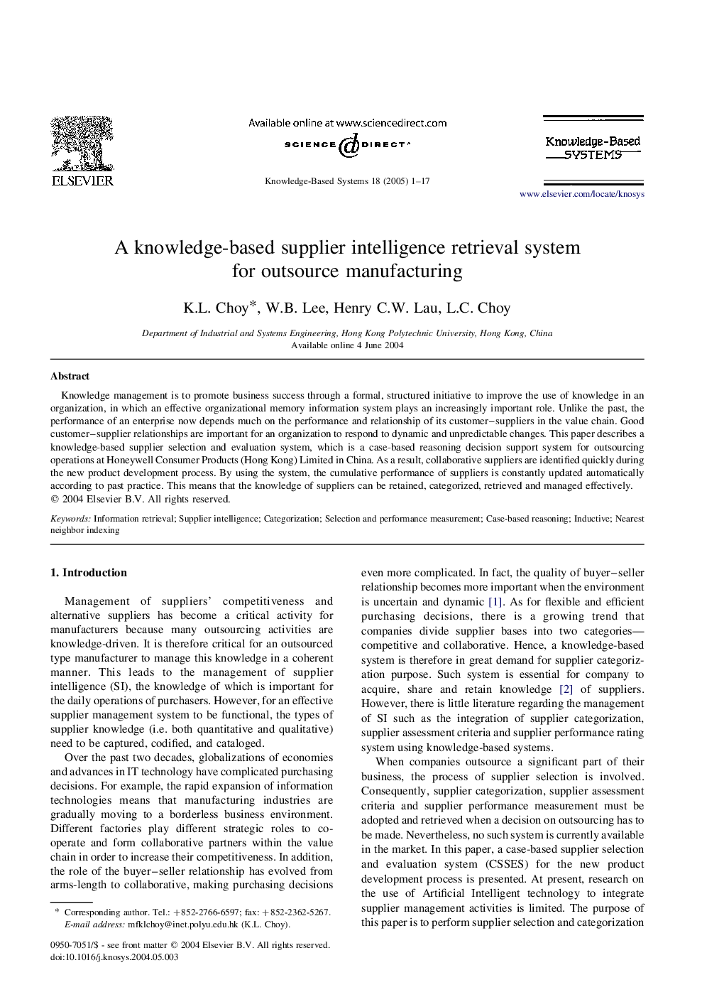 A knowledge-based supplier intelligence retrieval system for outsource manufacturing