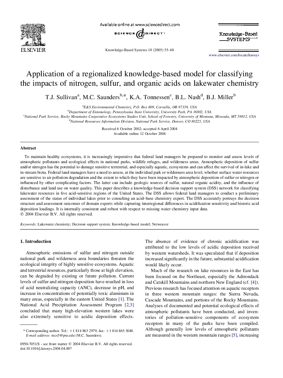 Application of a regionalized knowledge-based model for classifying the impacts of nitrogen, sulfur, and organic acids on lakewater chemistry