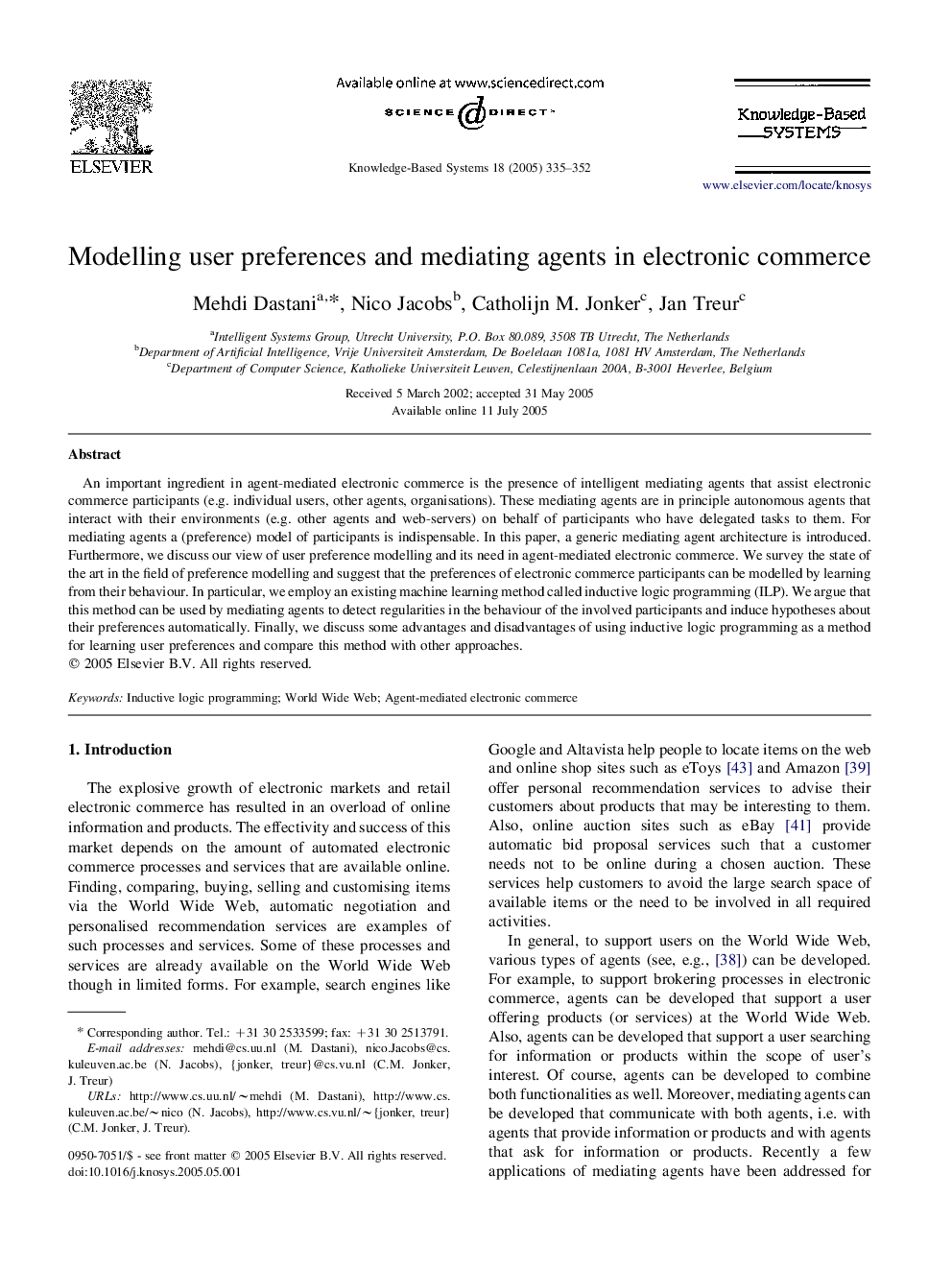 Modelling user preferences and mediating agents in electronic commerce