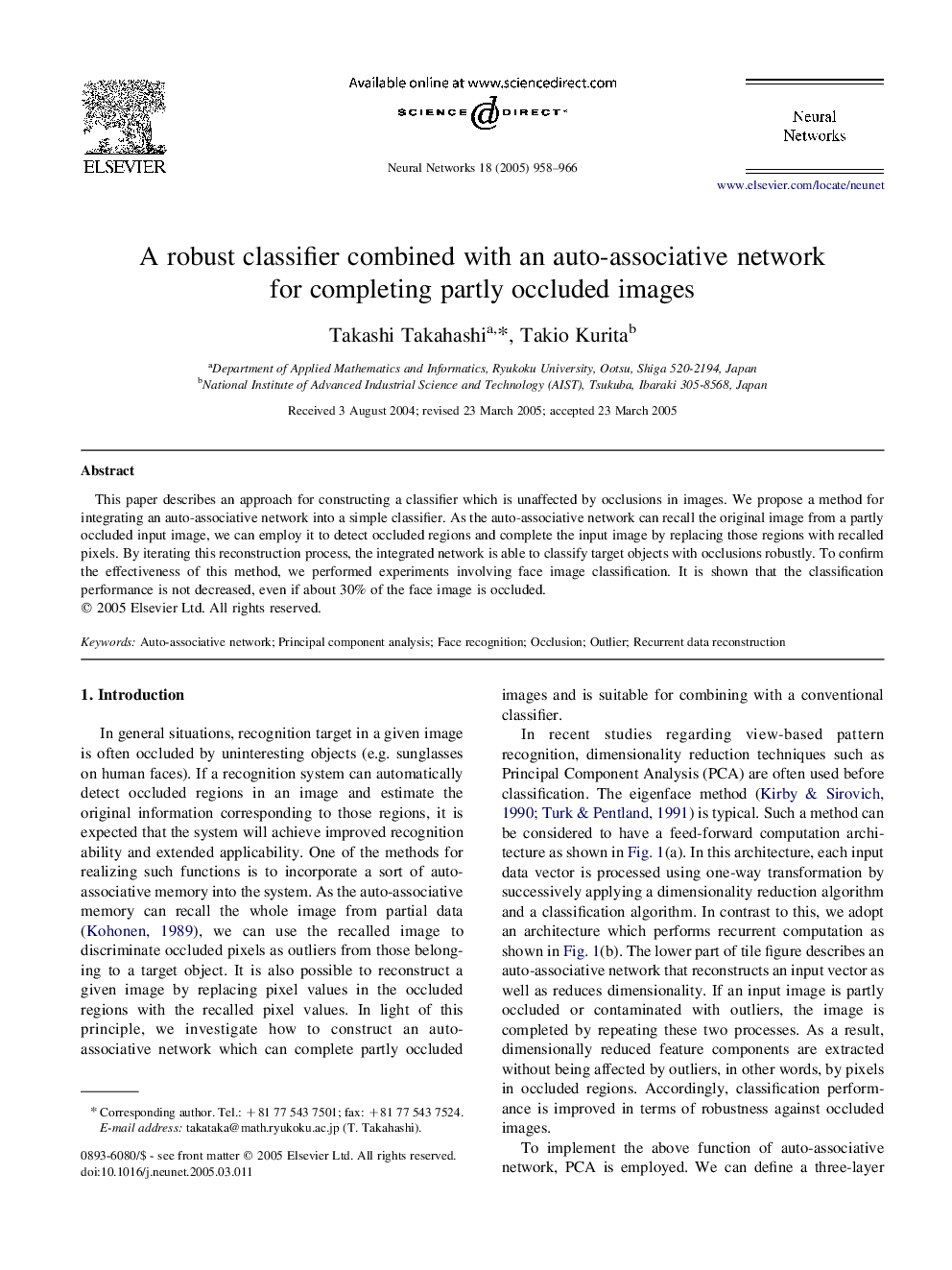 A robust classifier combined with an auto-associative network for completing partly occluded images