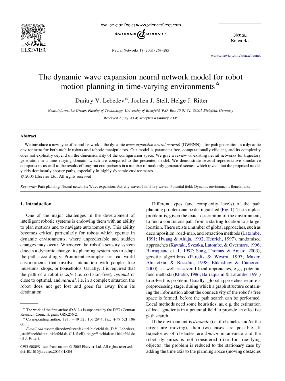 The dynamic wave expansion neural network model for robot motion planning in time-varying environments