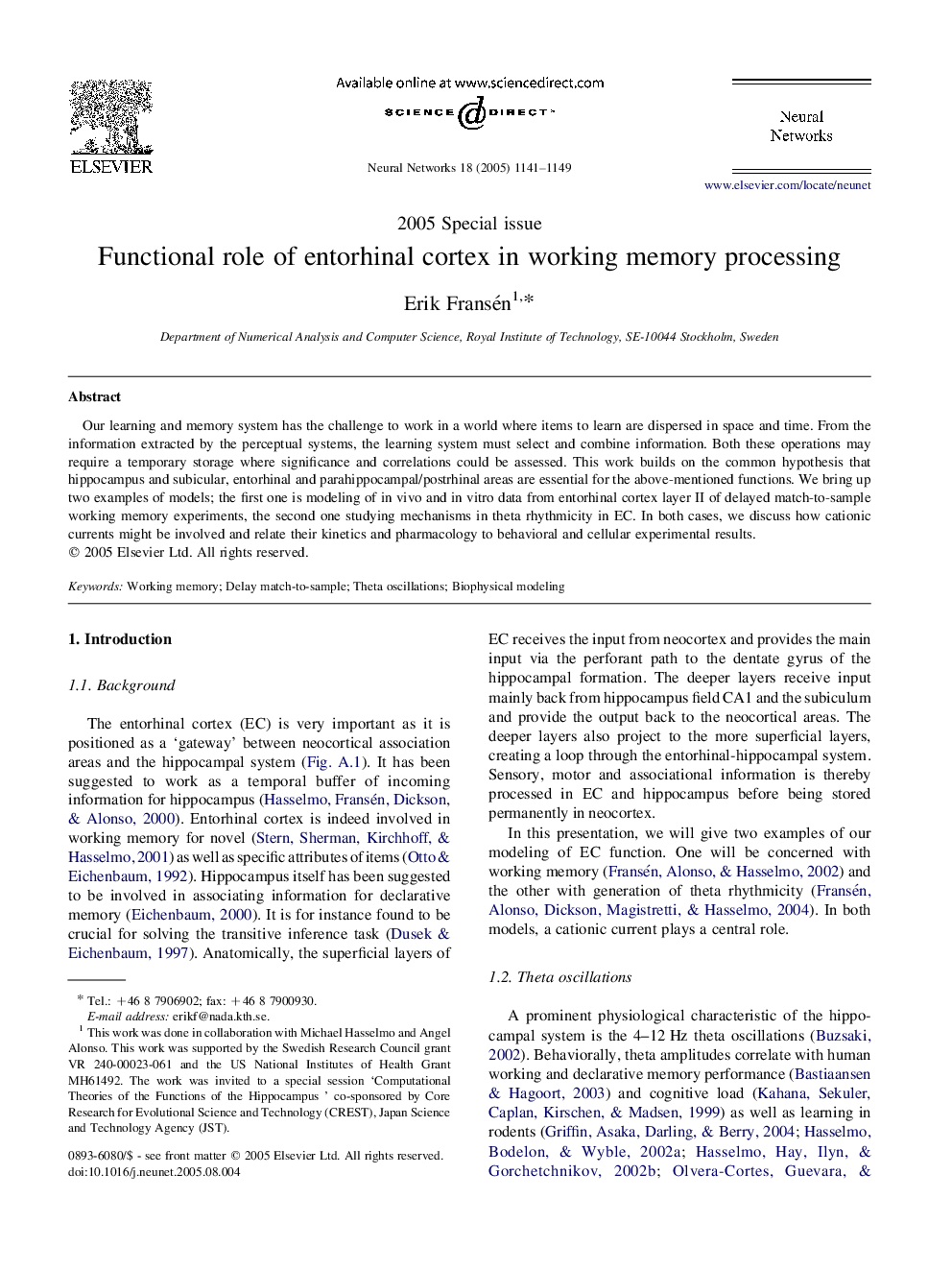 Functional role of entorhinal cortex in working memory processing