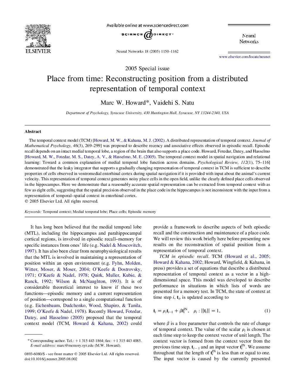 Place from time: Reconstructing position from a distributed representation of temporal context