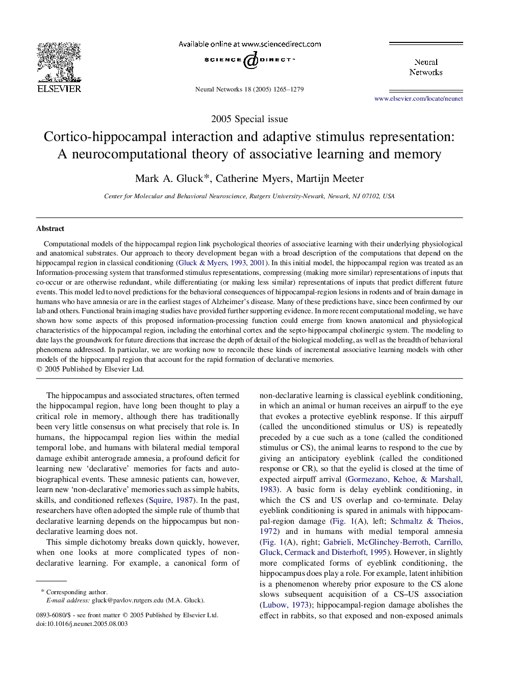 Cortico-hippocampal interaction and adaptive stimulus representation: A neurocomputational theory of associative learning and memory