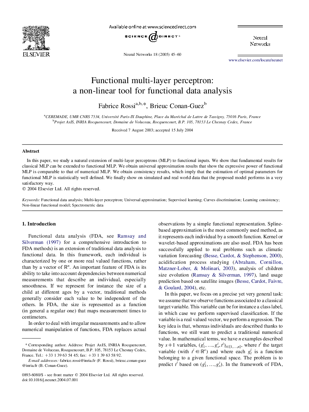 Functional multi-layer perceptron: a non-linear tool for functional data analysis