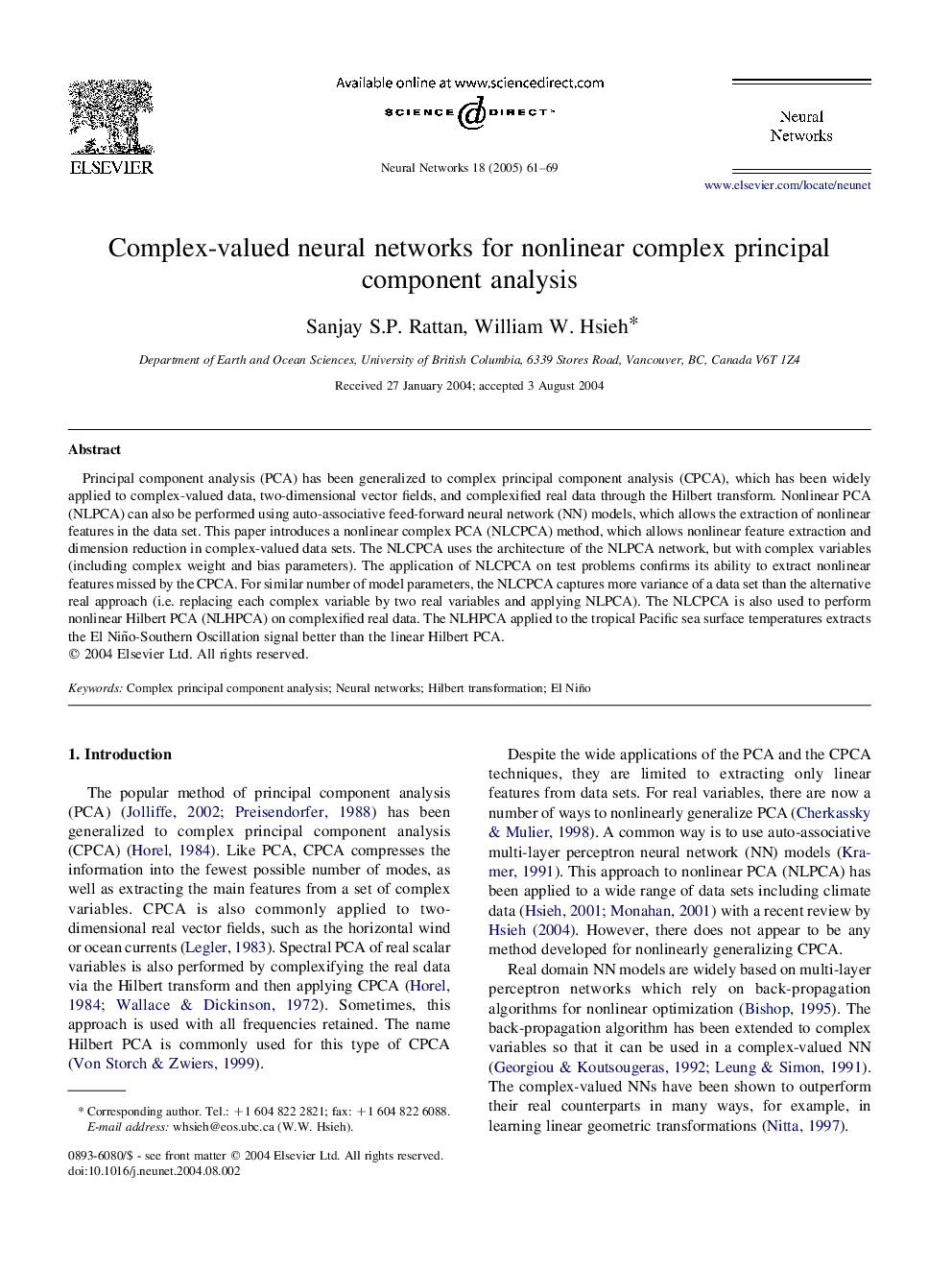 Complex-valued neural networks for nonlinear complex principal component analysis