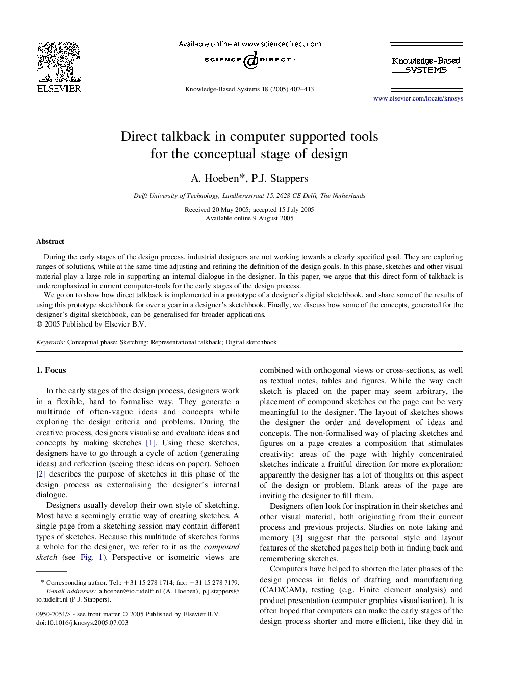 Direct talkback in computer supported tools for the conceptual stage of design