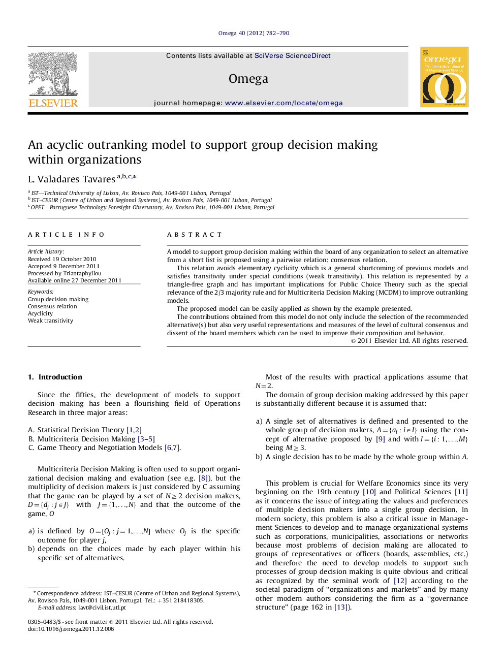 An acyclic outranking model to support group decision making within organizations