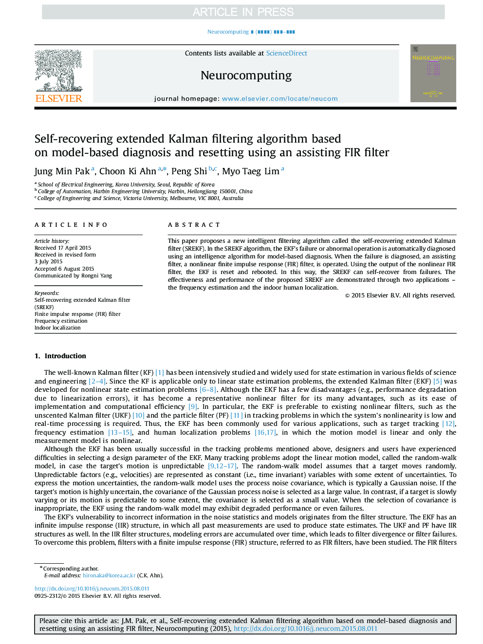 Self-recovering extended Kalman filtering algorithm based on model-based diagnosis and resetting using an assisting FIR filter