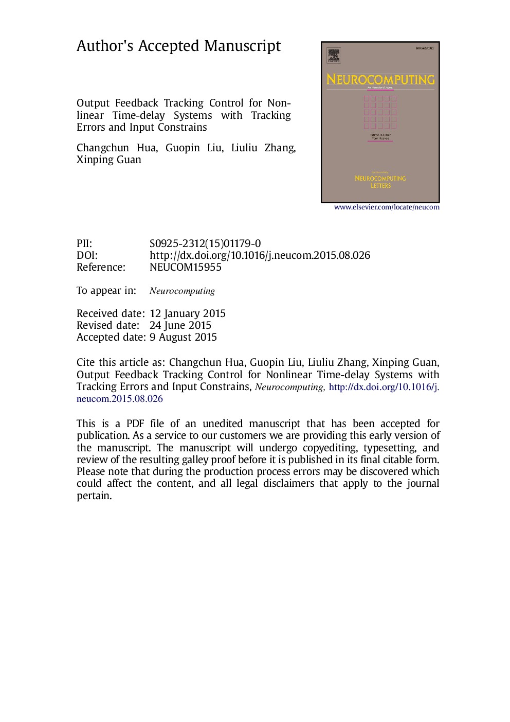 Output feedback tracking control for nonlinear time-delay systems with tracking errors and input constraints