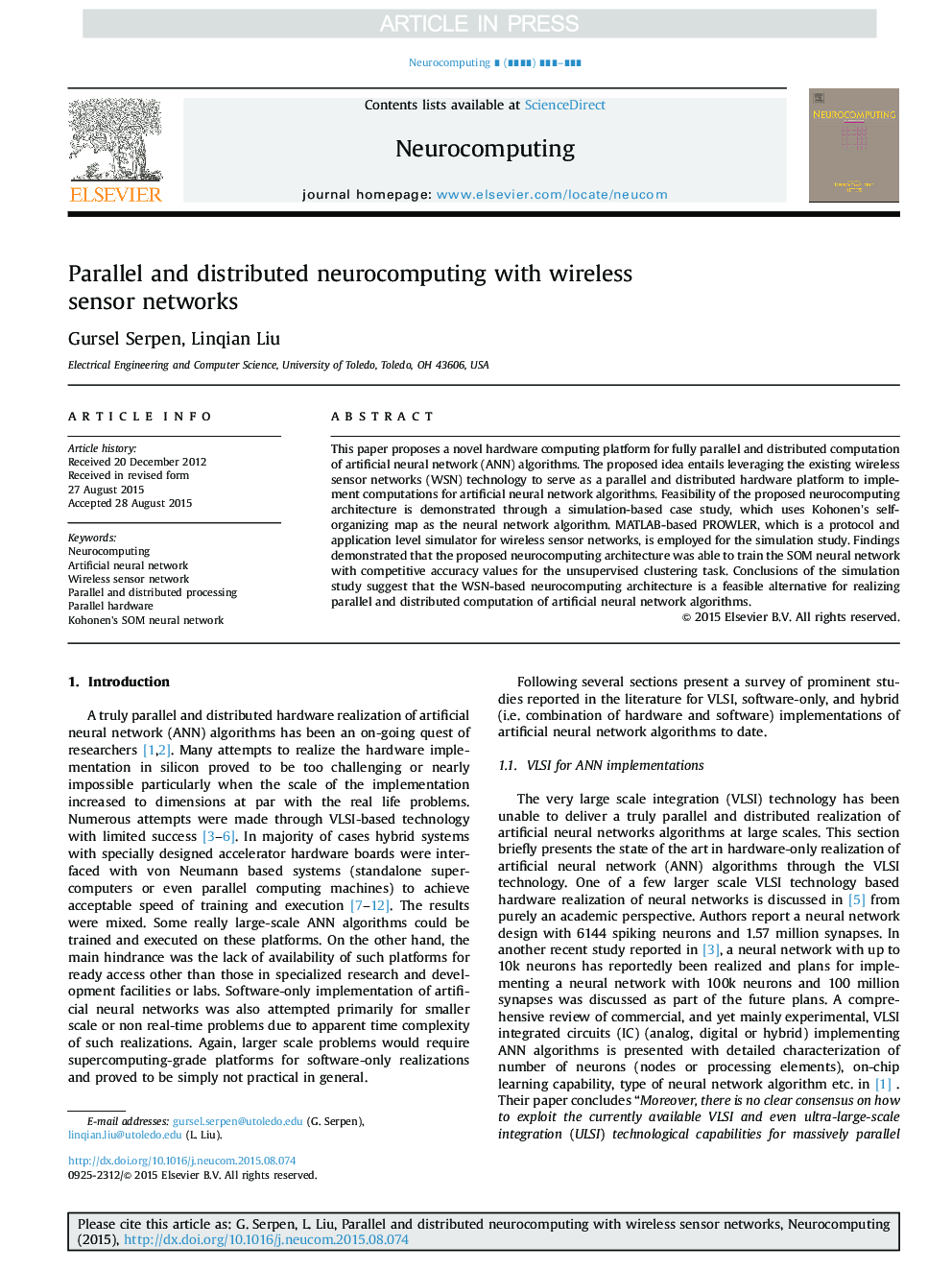 Parallel and distributed neurocomputing with wireless sensor networks