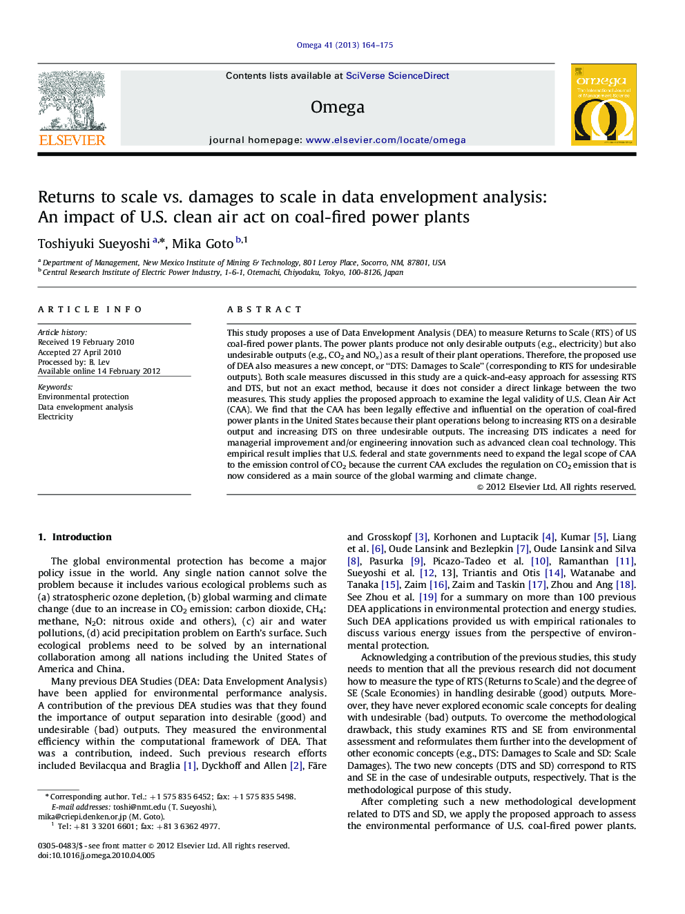 Returns to scale vs. damages to scale in data envelopment analysis: An impact of U.S. clean air act on coal-fired power plants