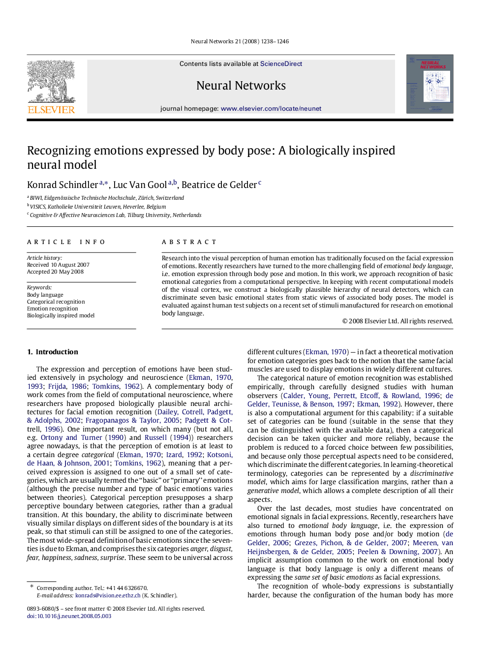 Recognizing emotions expressed by body pose: A biologically inspired neural model