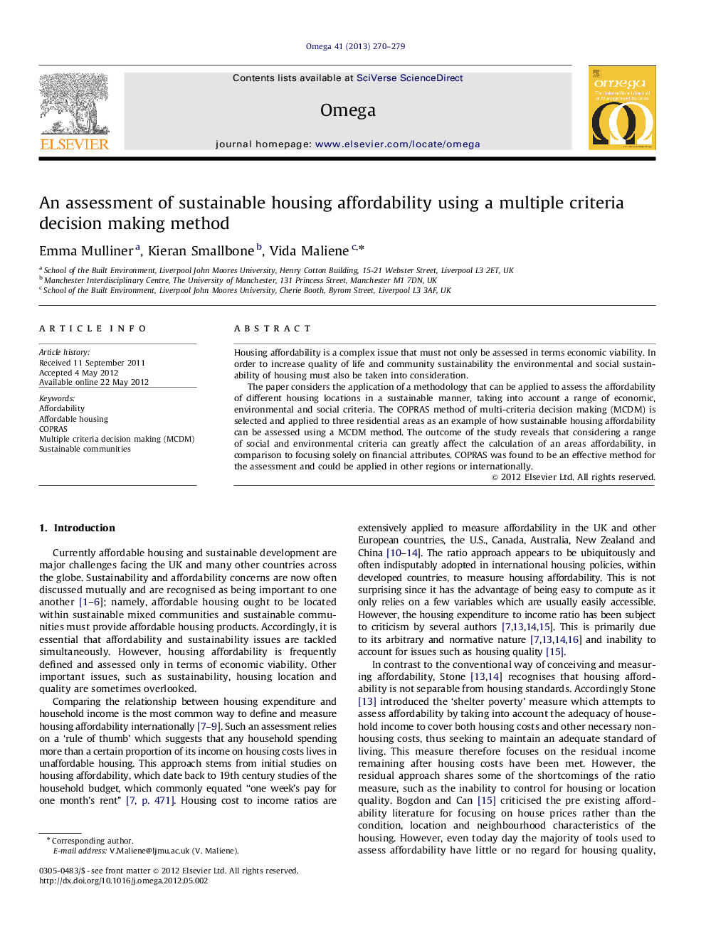 An assessment of sustainable housing affordability using a multiple criteria decision making method