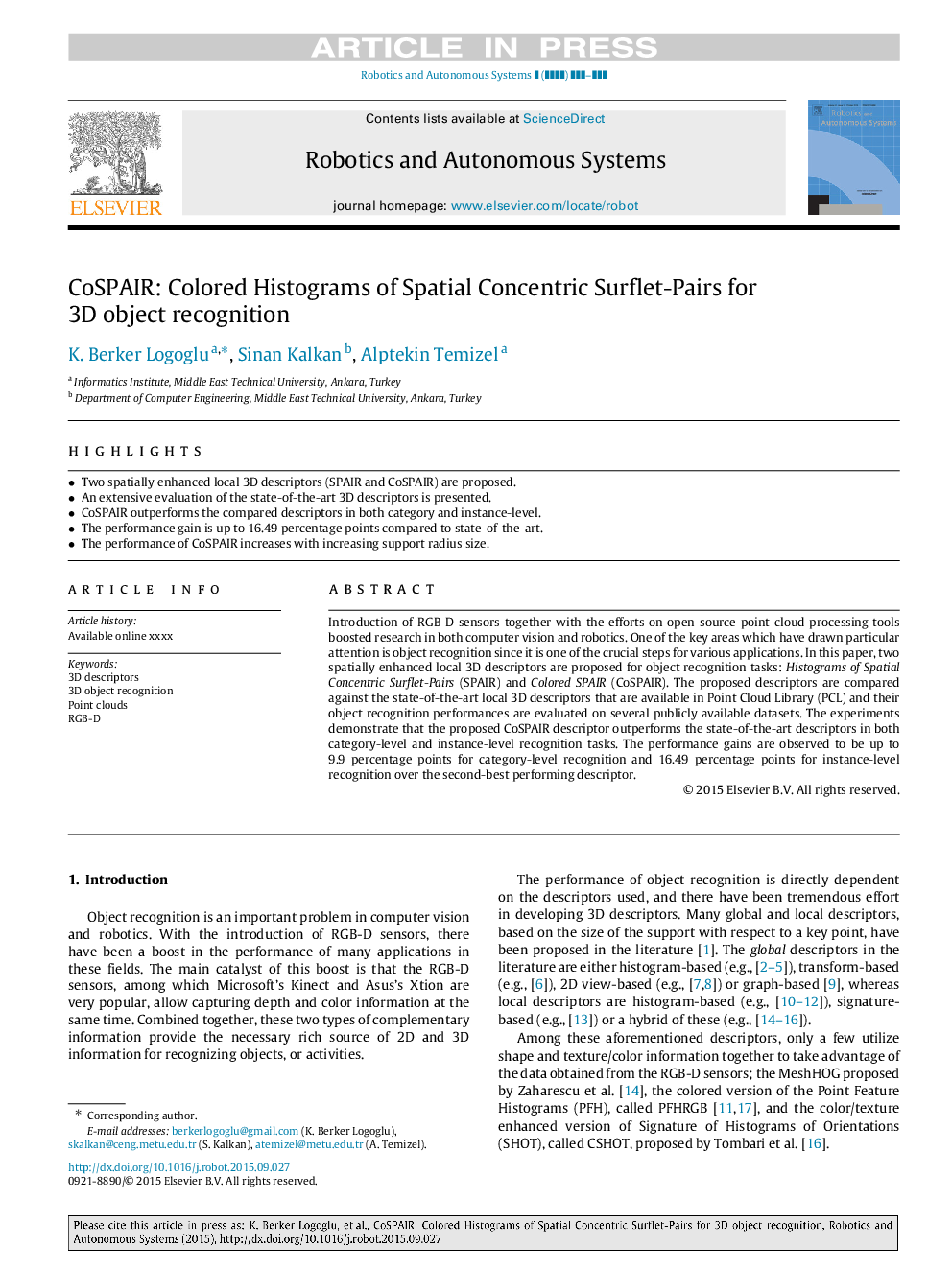 CoSPAIR: Colored Histograms of Spatial Concentric Surflet-Pairs for 3D object recognition