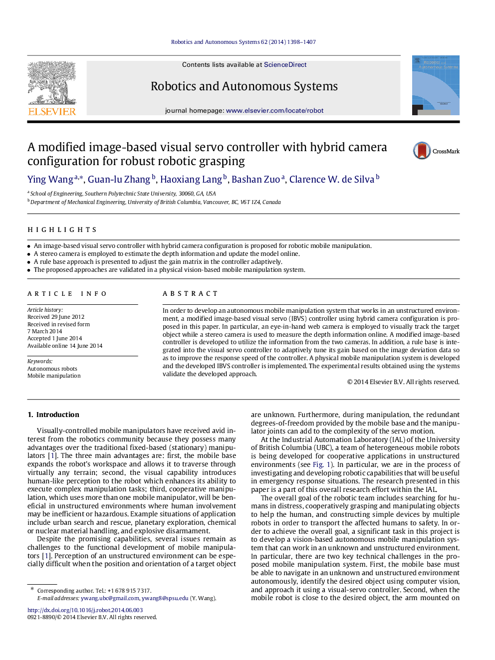 A modified image-based visual servo controller with hybrid camera configuration for robust robotic grasping