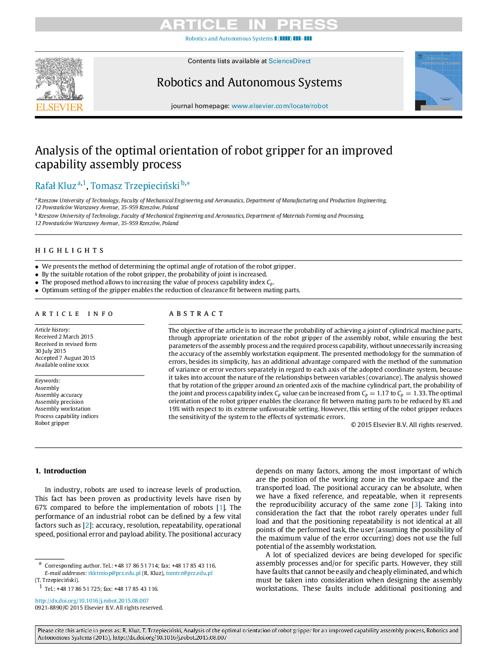 Analysis of the optimal orientation of robot gripper for an improved capability assembly process