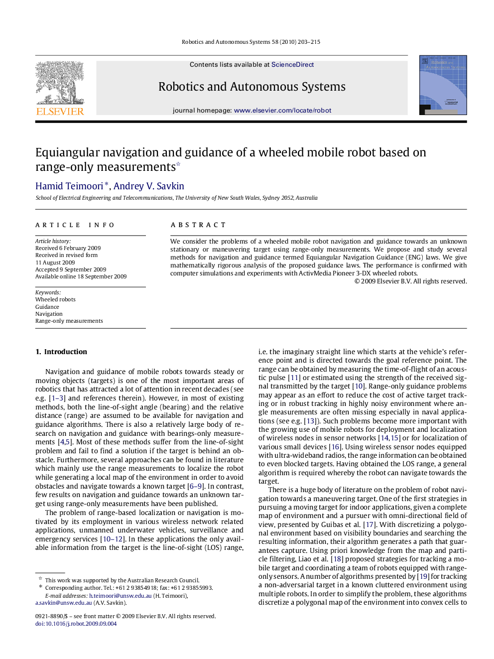 Equiangular navigation and guidance of a wheeled mobile robot based on range-only measurements