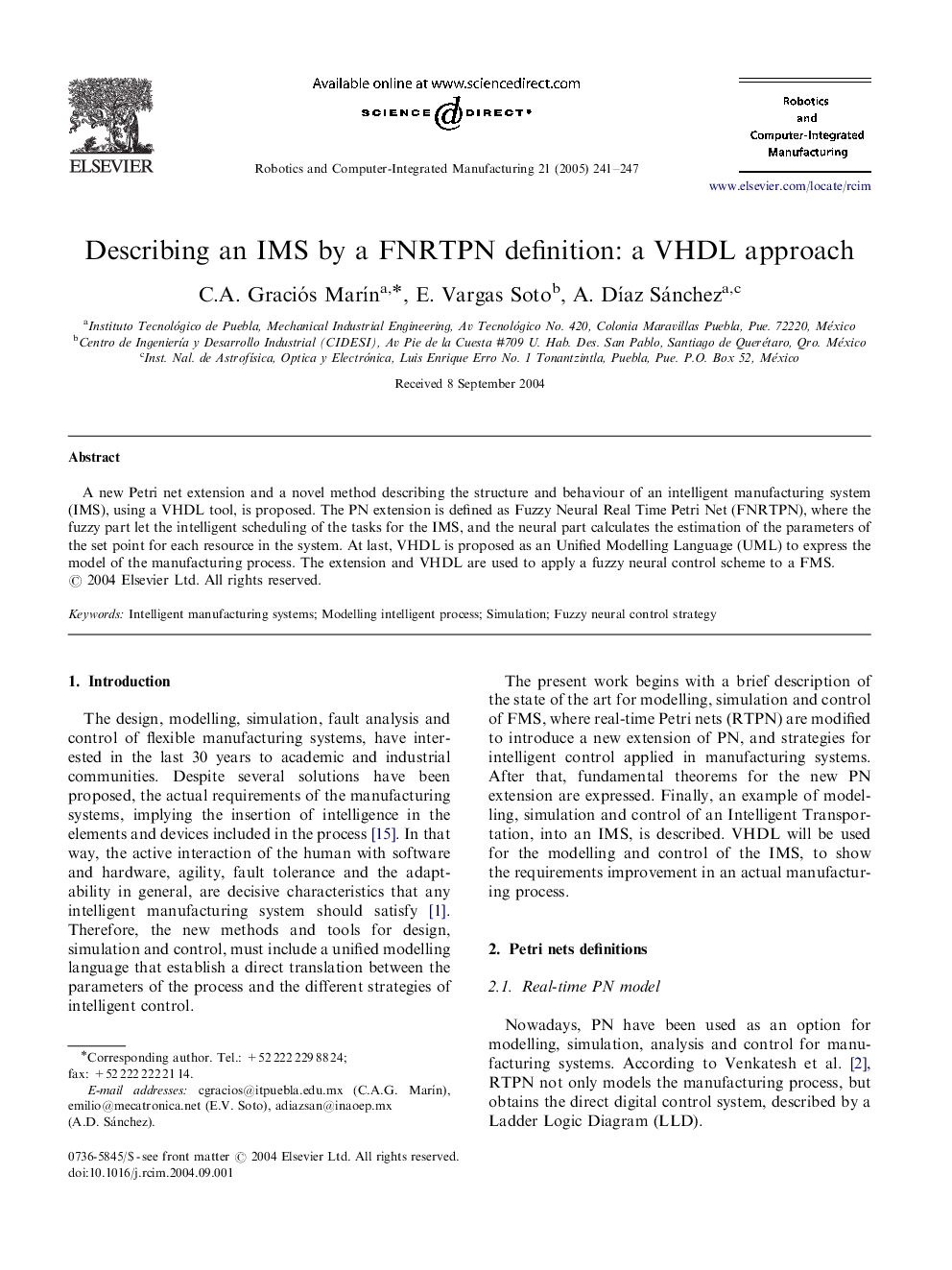 Describing an IMS by a FNRTPN definition: a VHDL approach