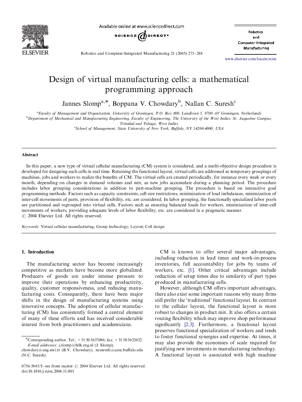 Design of virtual manufacturing cells: a mathematical programming approach