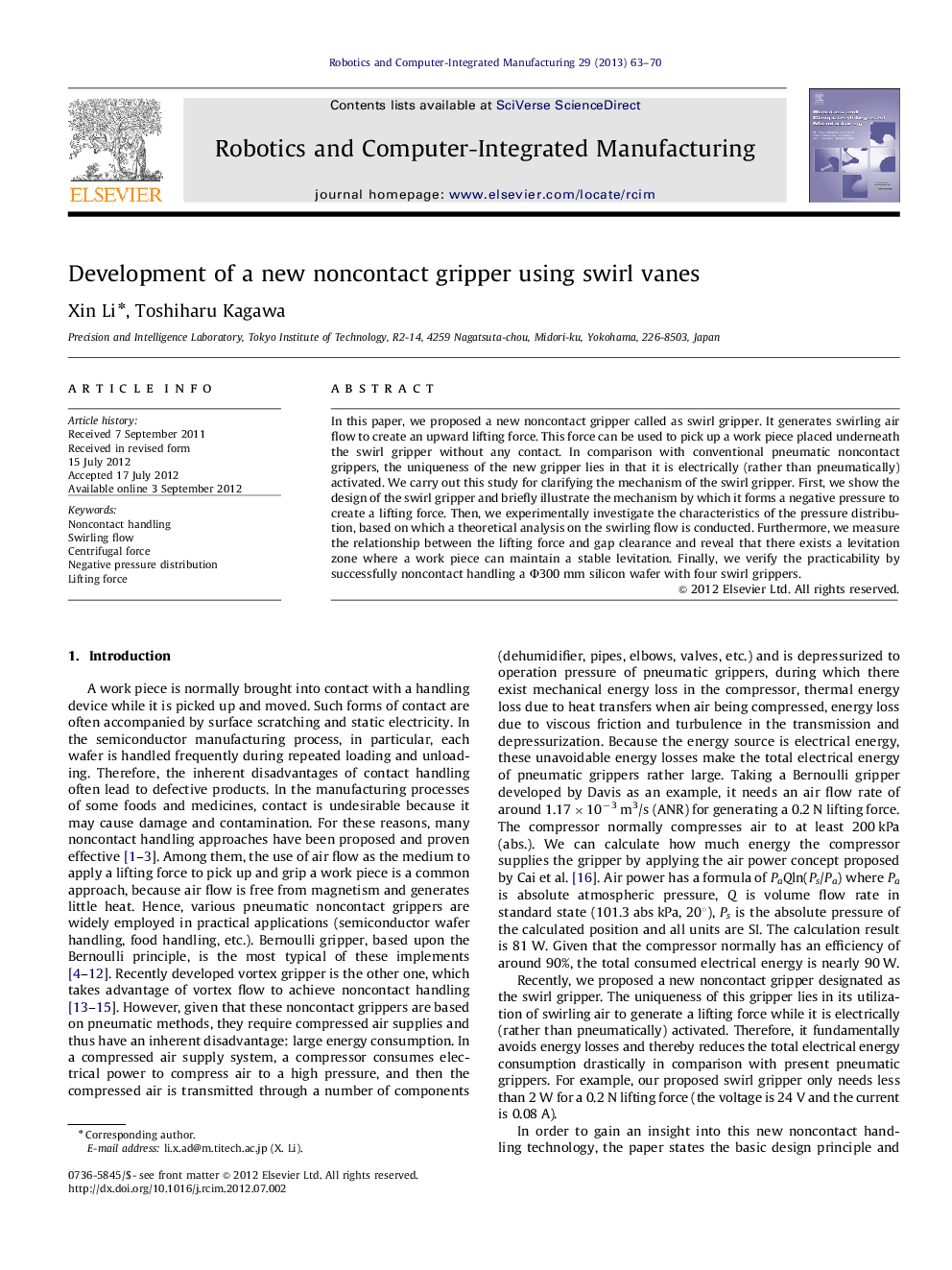 Development of a new noncontact gripper using swirl vanes