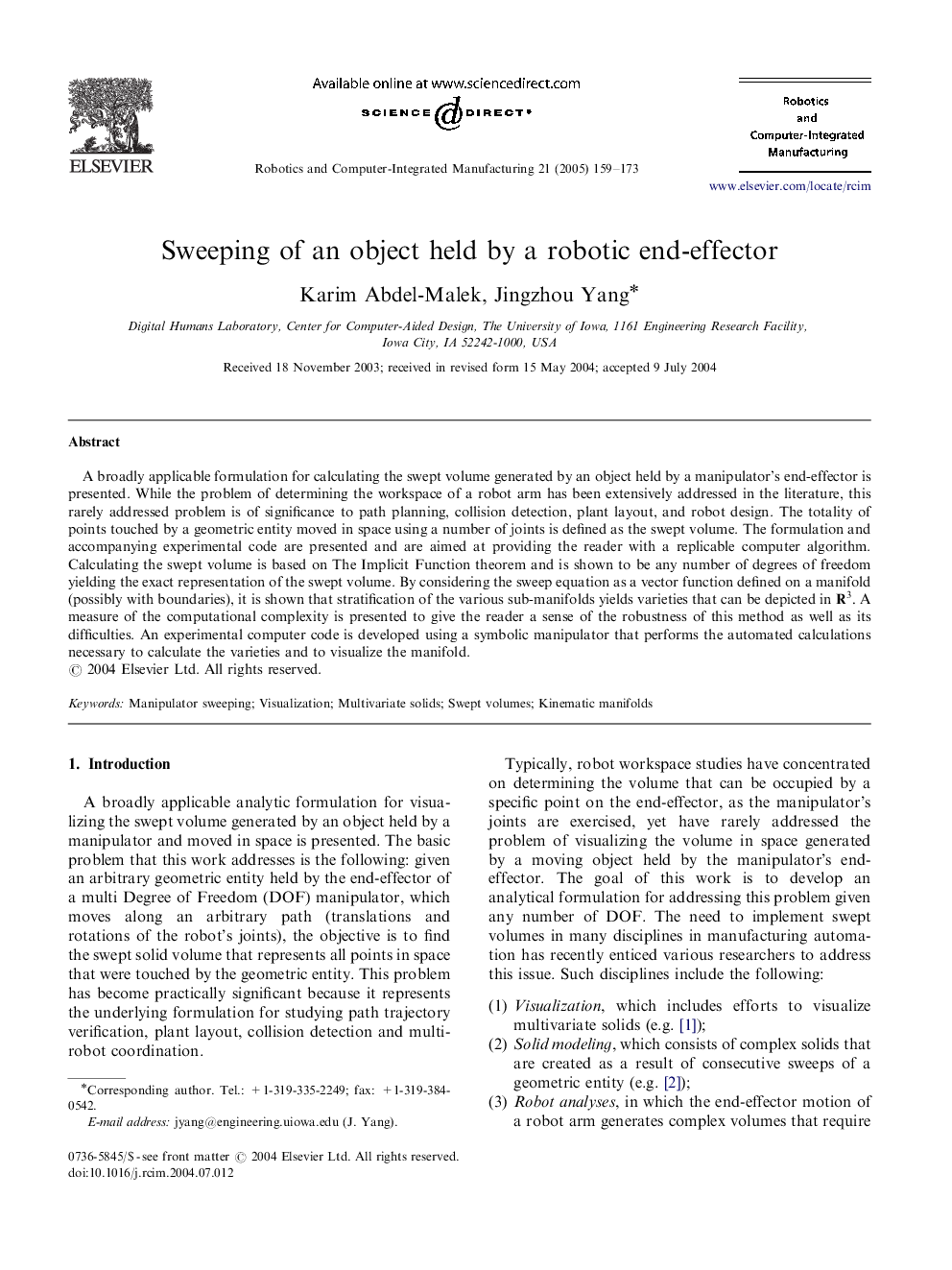 Sweeping of an object held by a robotic end-effector