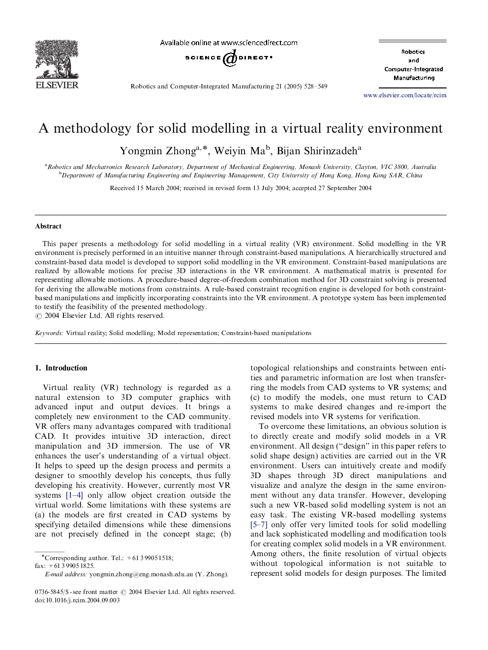 A methodology for solid modelling in a virtual reality environment