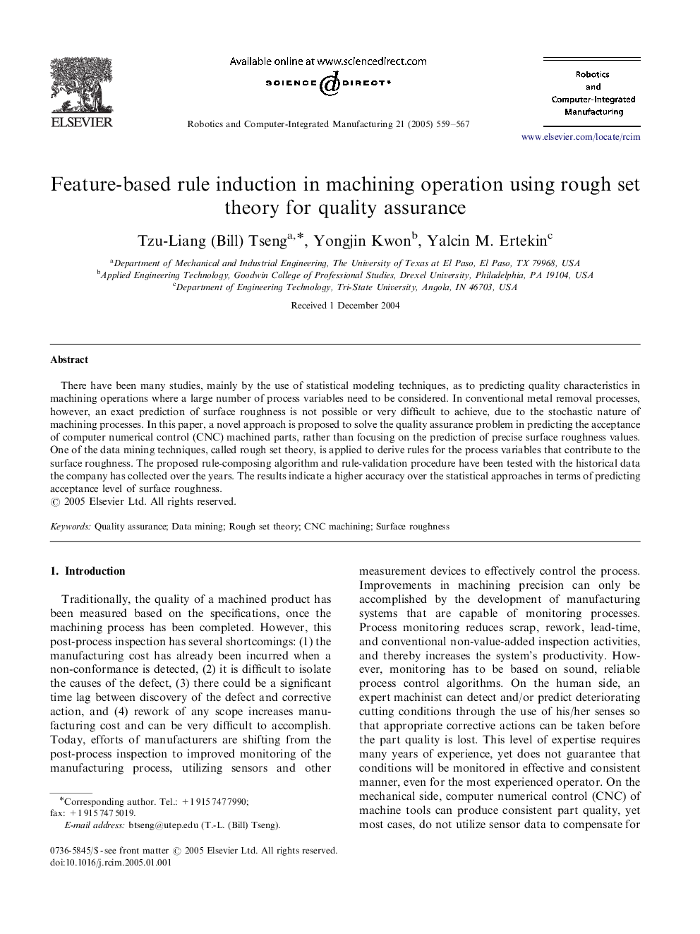 Feature-based rule induction in machining operation using rough set theory for quality assurance