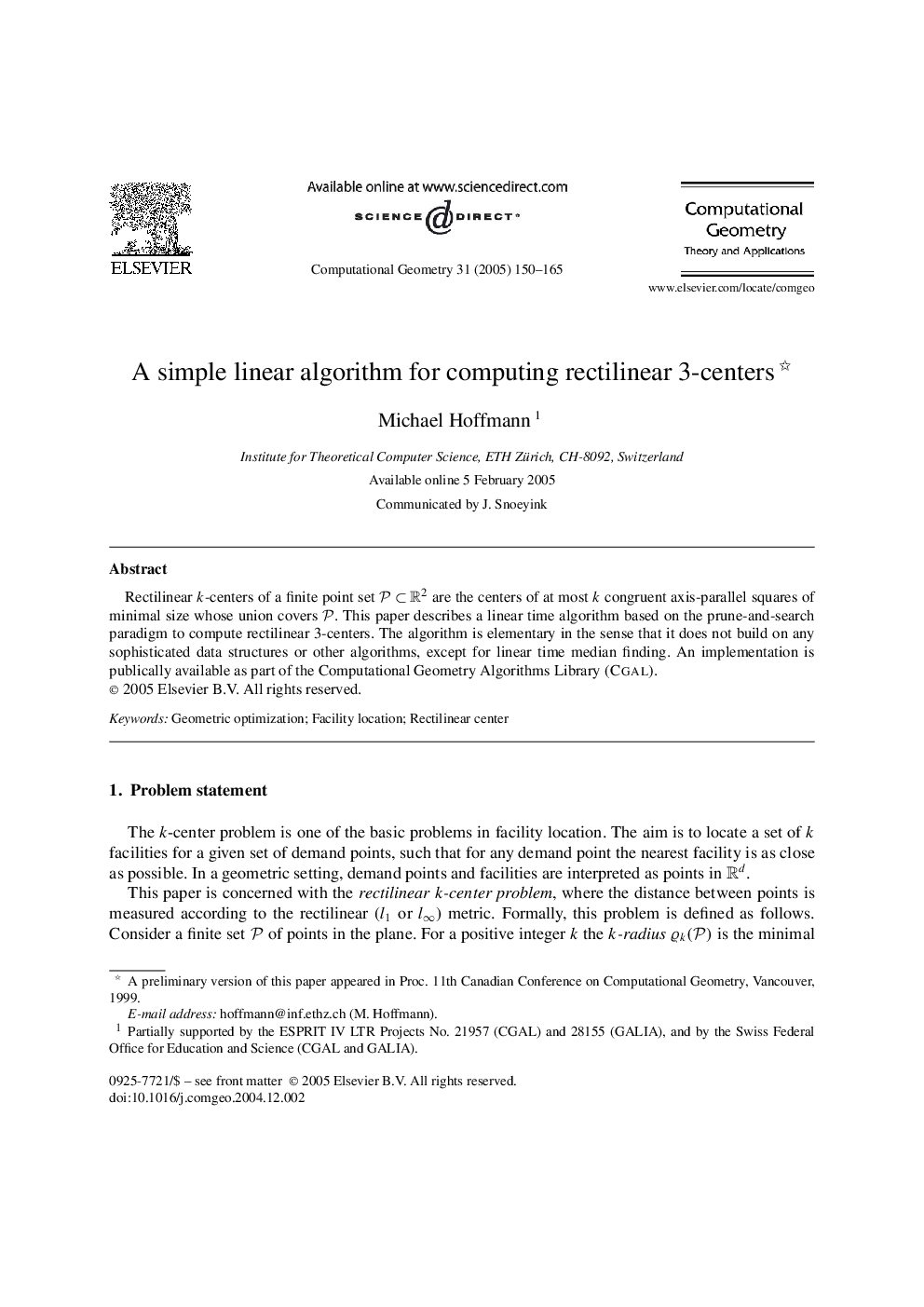 A simple linear algorithm for computing rectilinear 3-centers