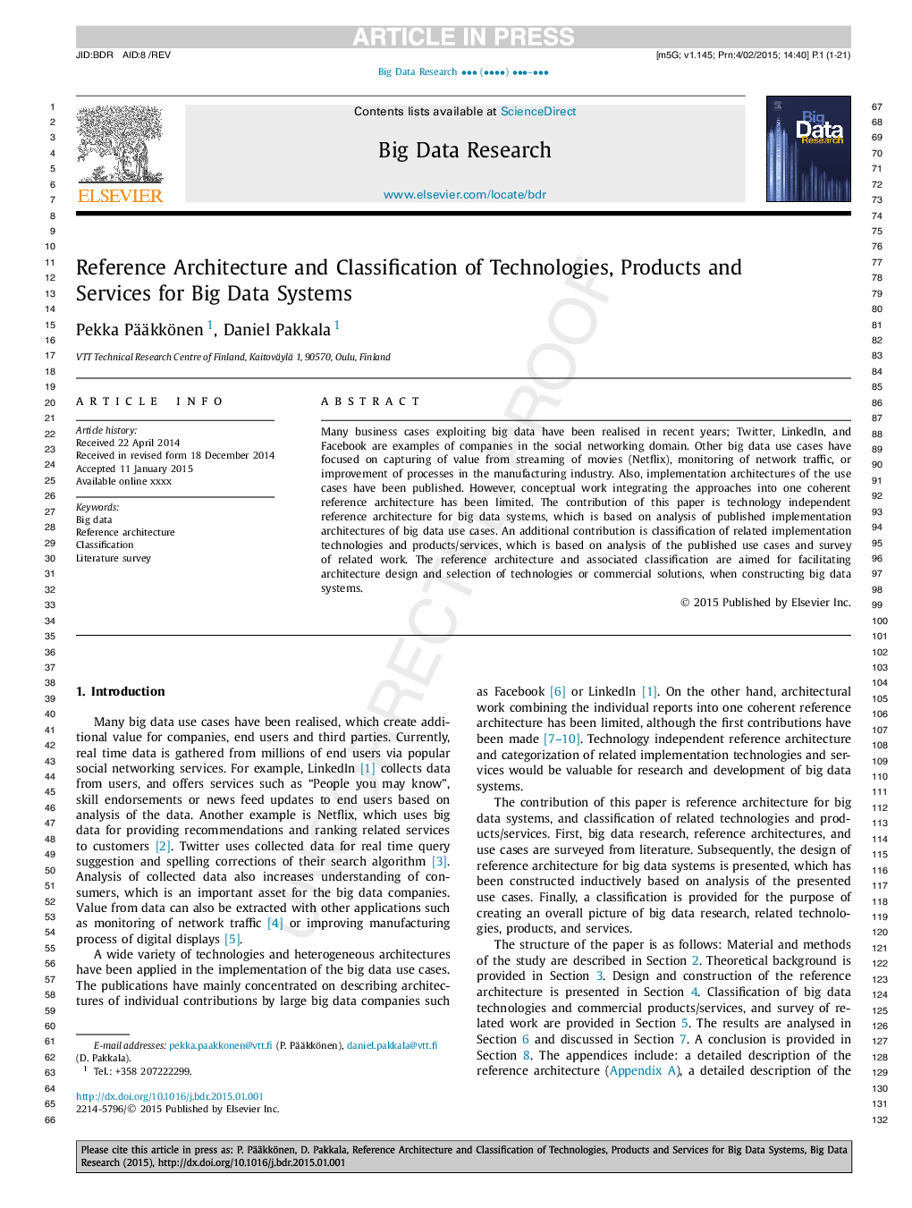 Reference Architecture and Classification of Technologies, Products and Services for Big Data Systems