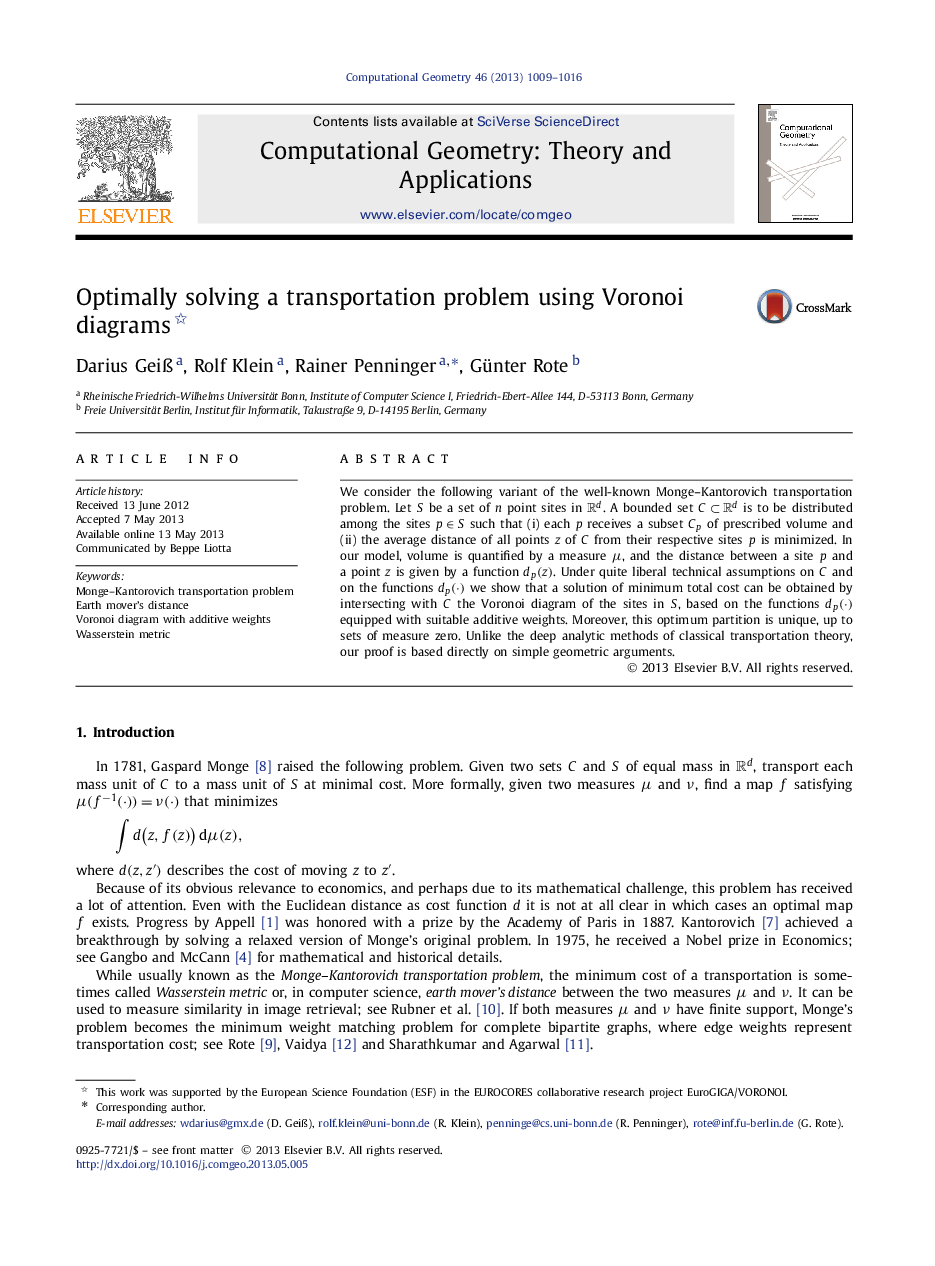 Optimally solving a transportation problem using Voronoi diagrams