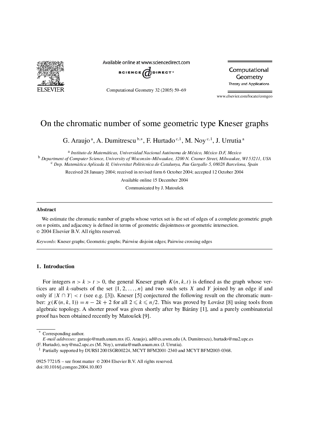 On the chromatic number of some geometric type Kneser graphs