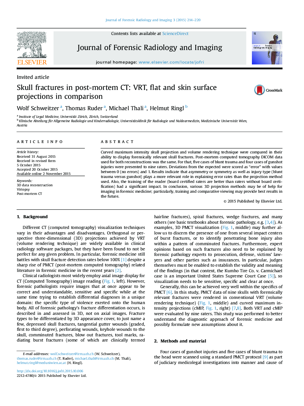 Skull fractures in post-mortem CT: VRT, flat and skin surface projections in comparison