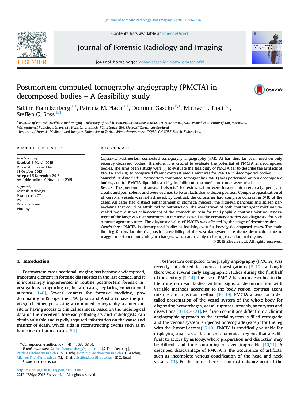 Postmortem computed tomography-angiography (PMCTA) in decomposed bodies – A feasibility study