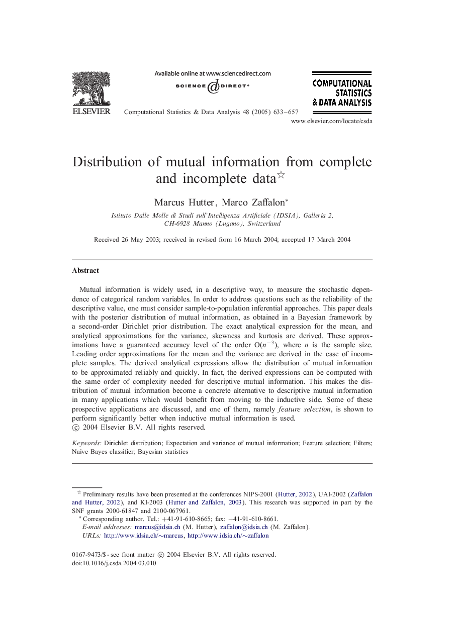 Distribution of mutual information from complete and incomplete data