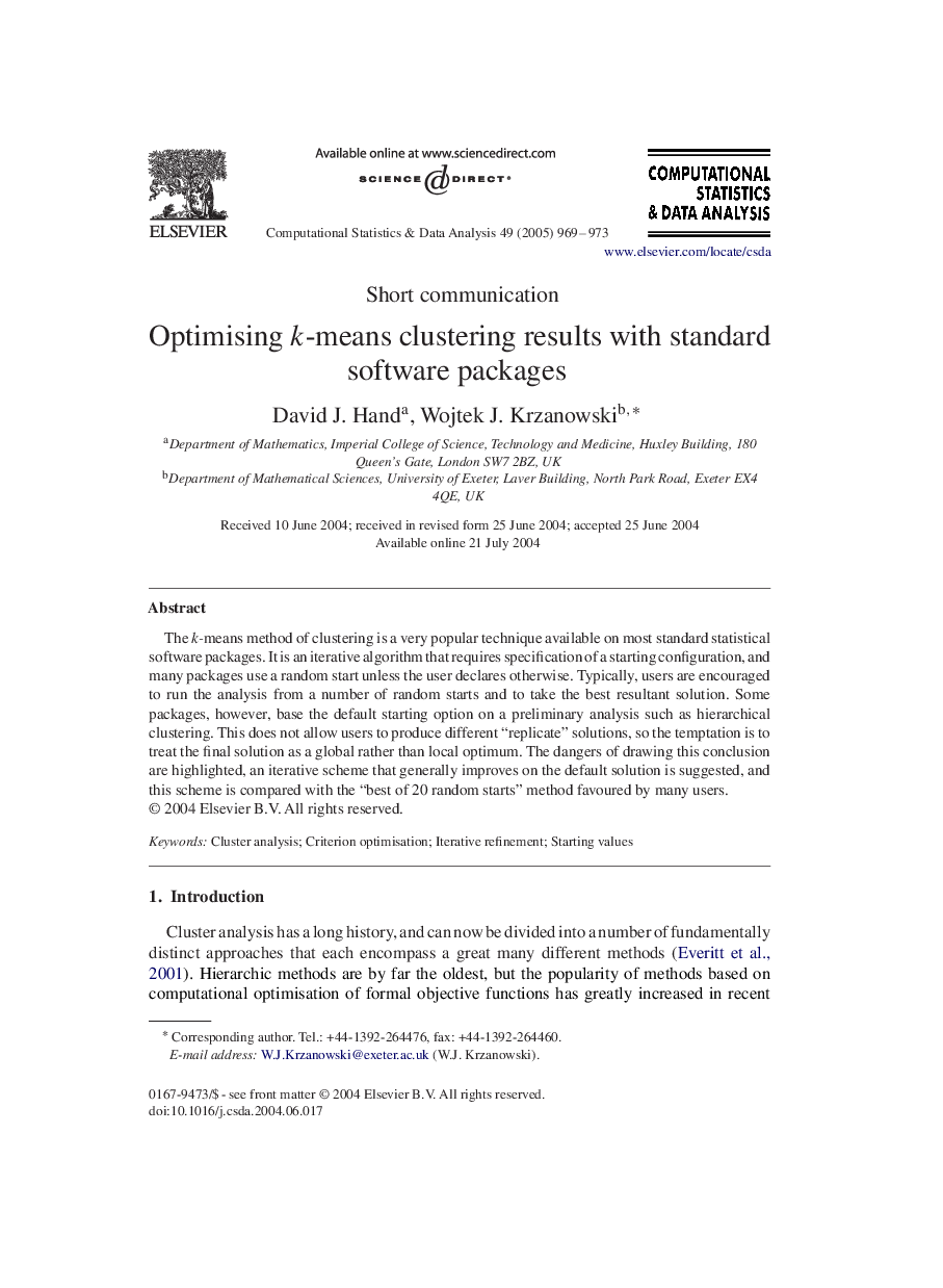 Optimising k-means clustering results with standard software packages