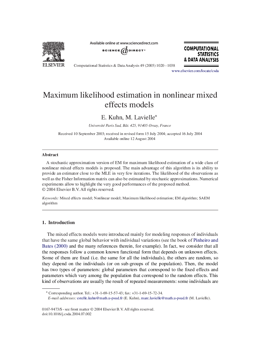 Maximum likelihood estimation in nonlinear mixed effects models