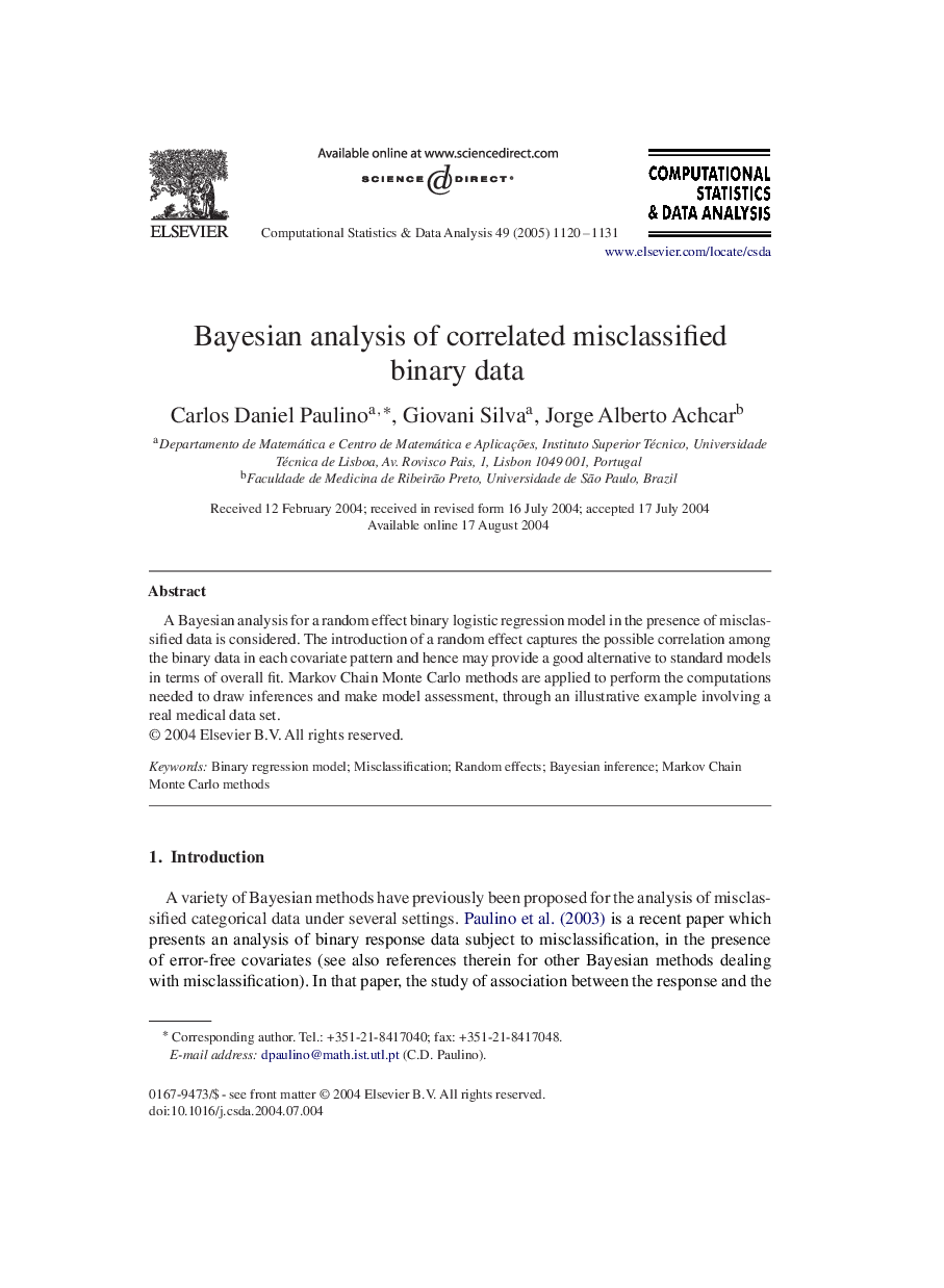 Bayesian analysis of correlated misclassified binary data