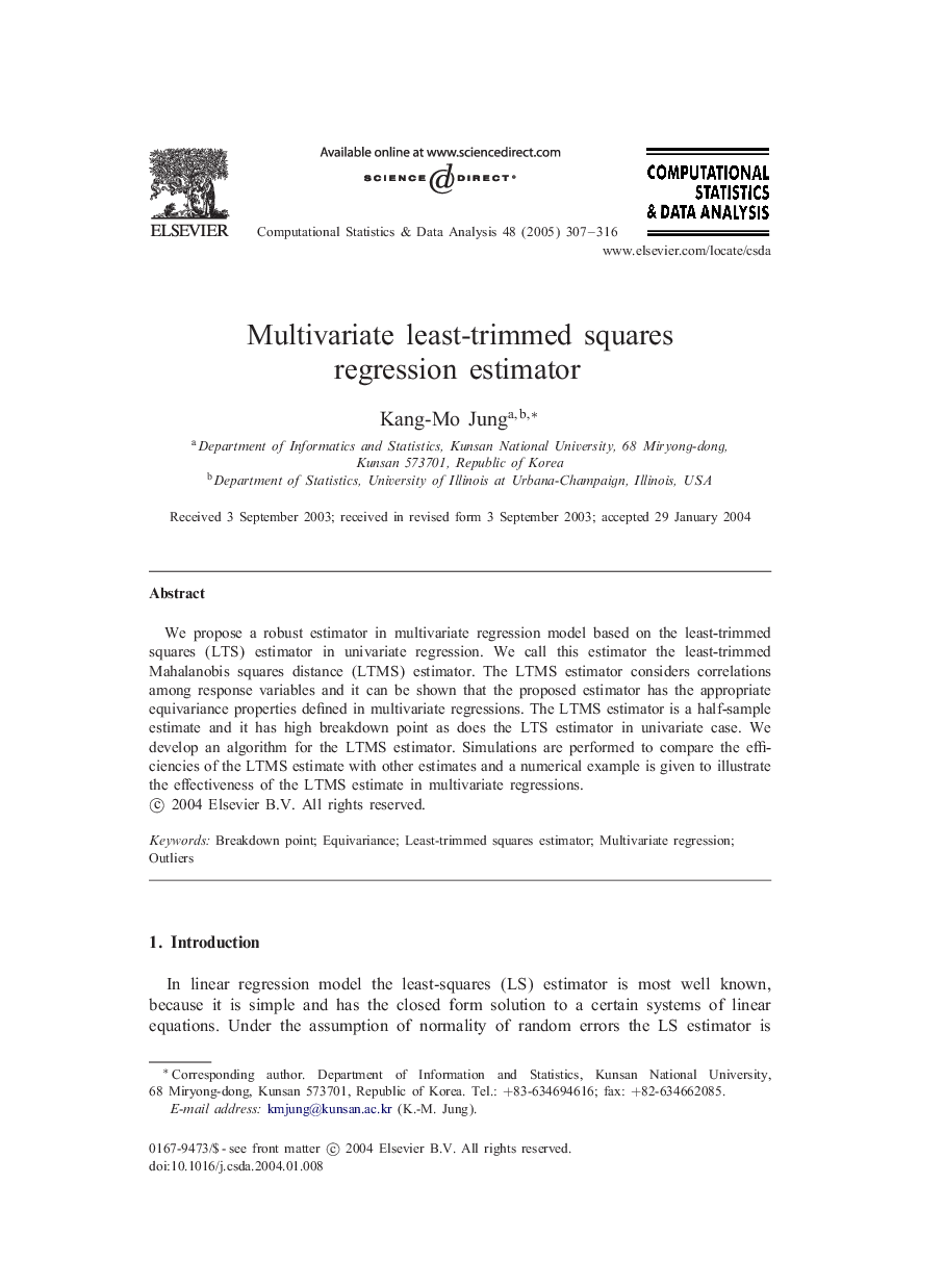 Multivariate least-trimmed squares regression estimator