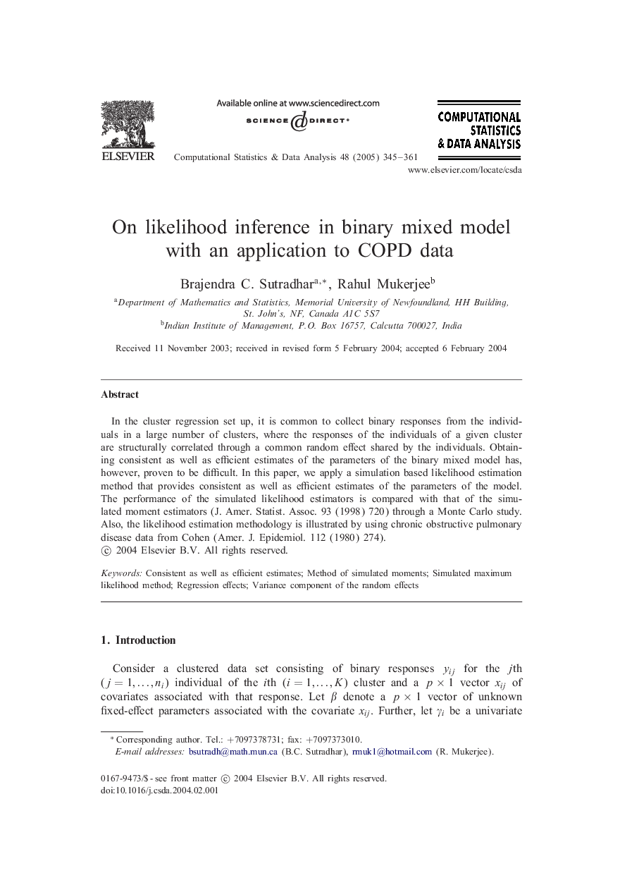 On likelihood inference in binary mixed model with an application to COPD data